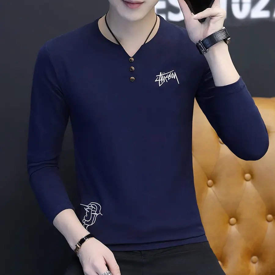 Men Navy Long Sleeve T-Shirt with Lion Embroidery - Image 4
