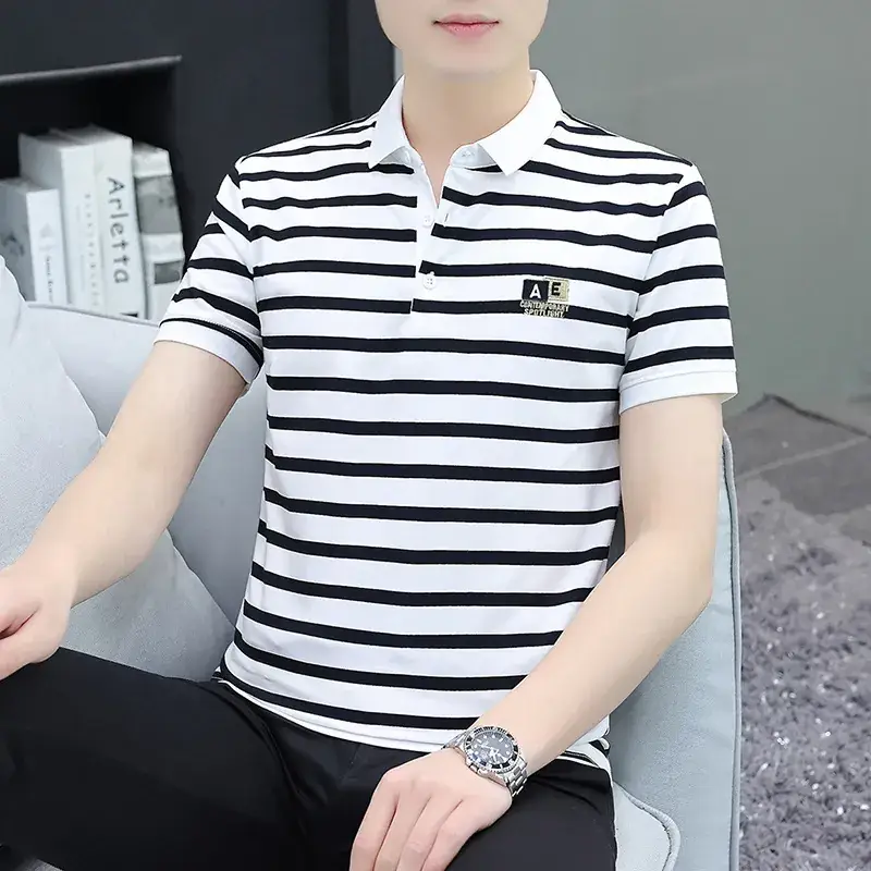 Men Striped Polo T-Shirt White Black Half Sleeve - Image 28