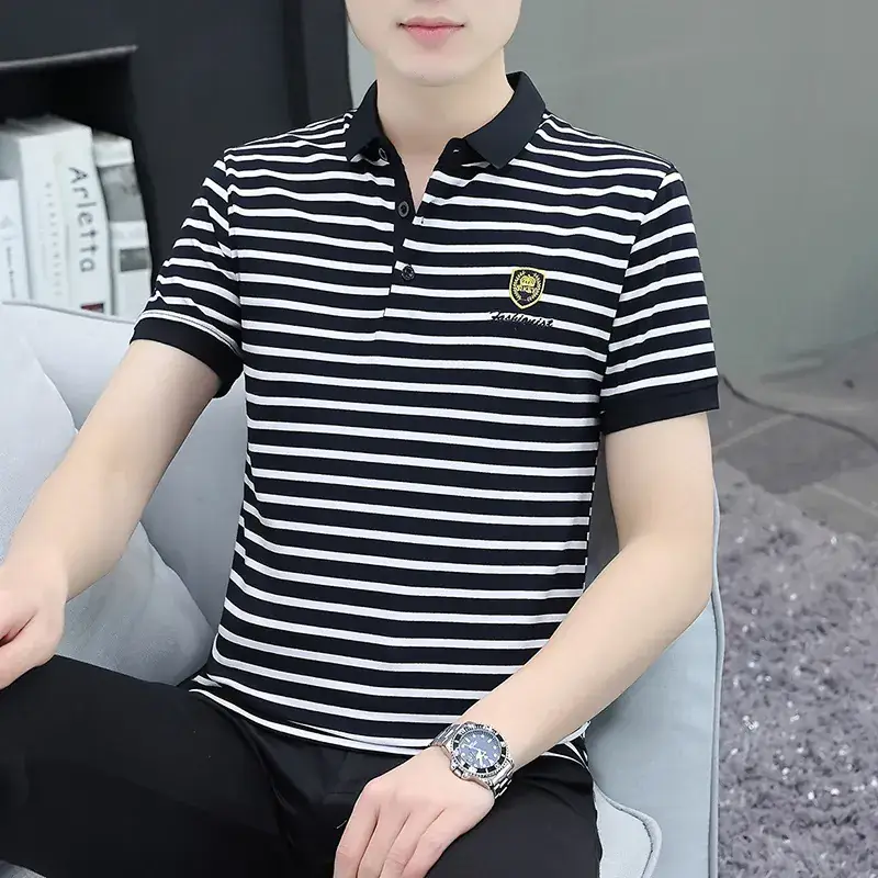 Men Striped Polo T-Shirt White Black Half Sleeve - Image 29