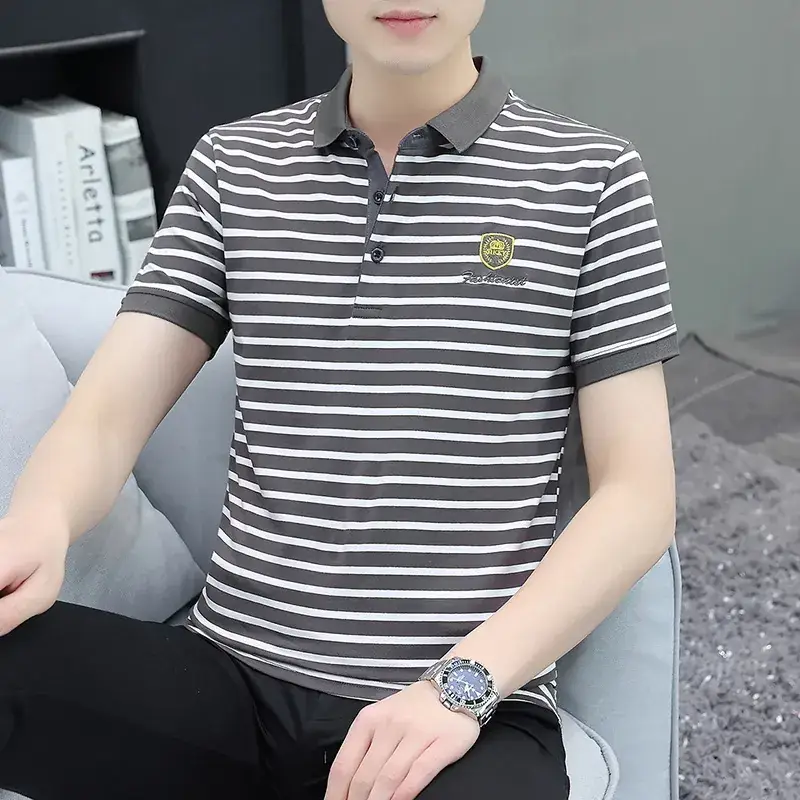 Men Striped Polo T-Shirt White Black Half Sleeve - Image 30