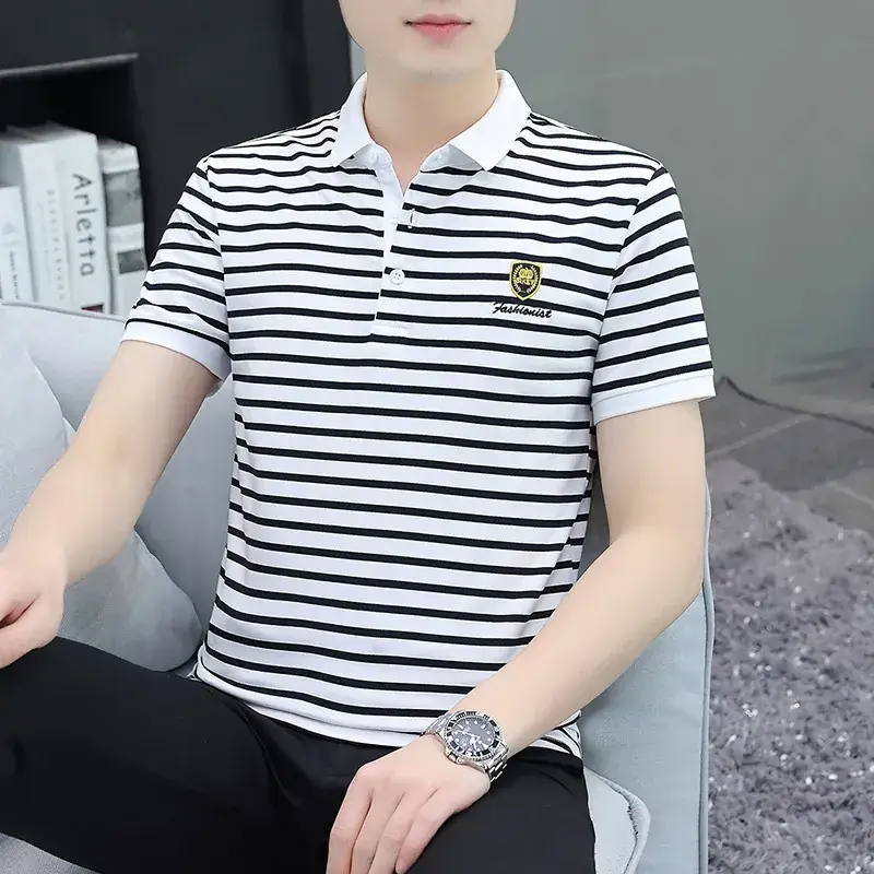 Men Striped Polo T-Shirt White Black Half Sleeve - Image 10