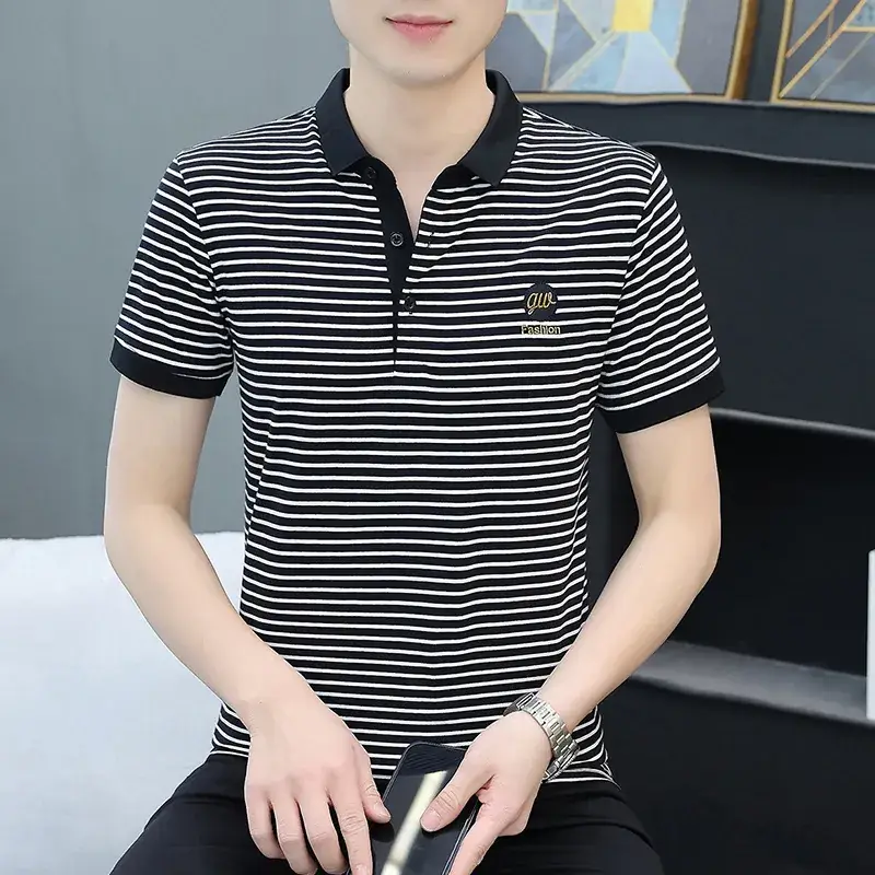 Men Striped Polo T-Shirt White Black Half Sleeve - Image 12