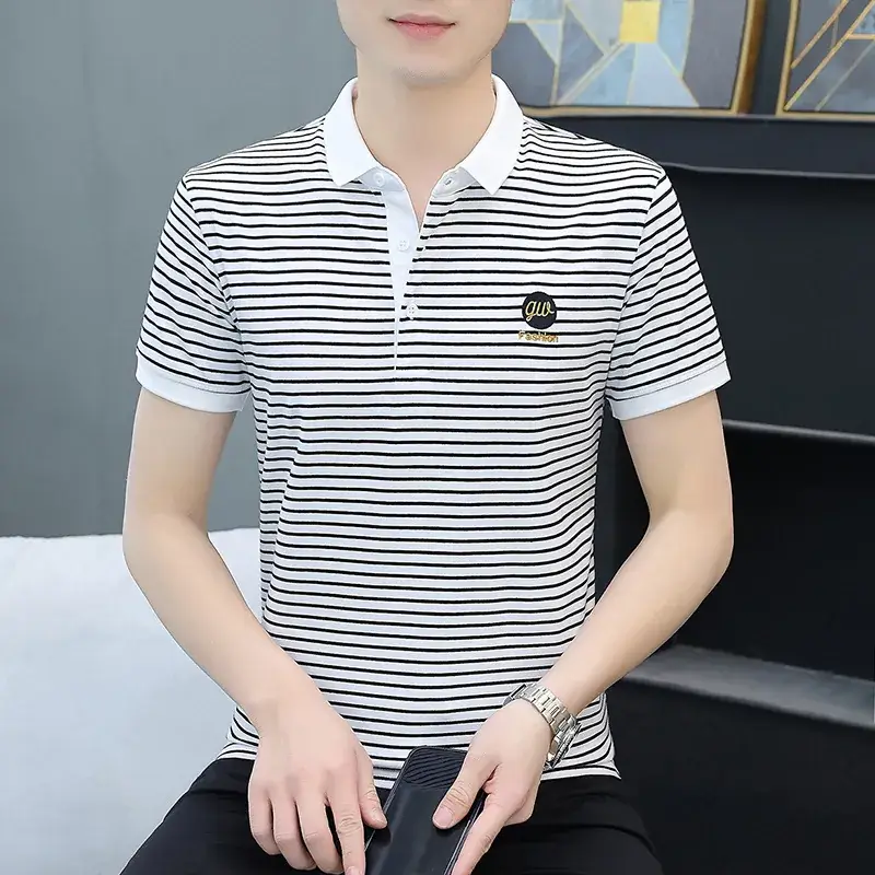Men Striped Polo T-Shirt White Black Half Sleeve - Image 13