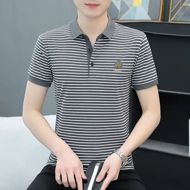 Men Striped Polo T-Shirt White Black Half Sleeve - Image 14
