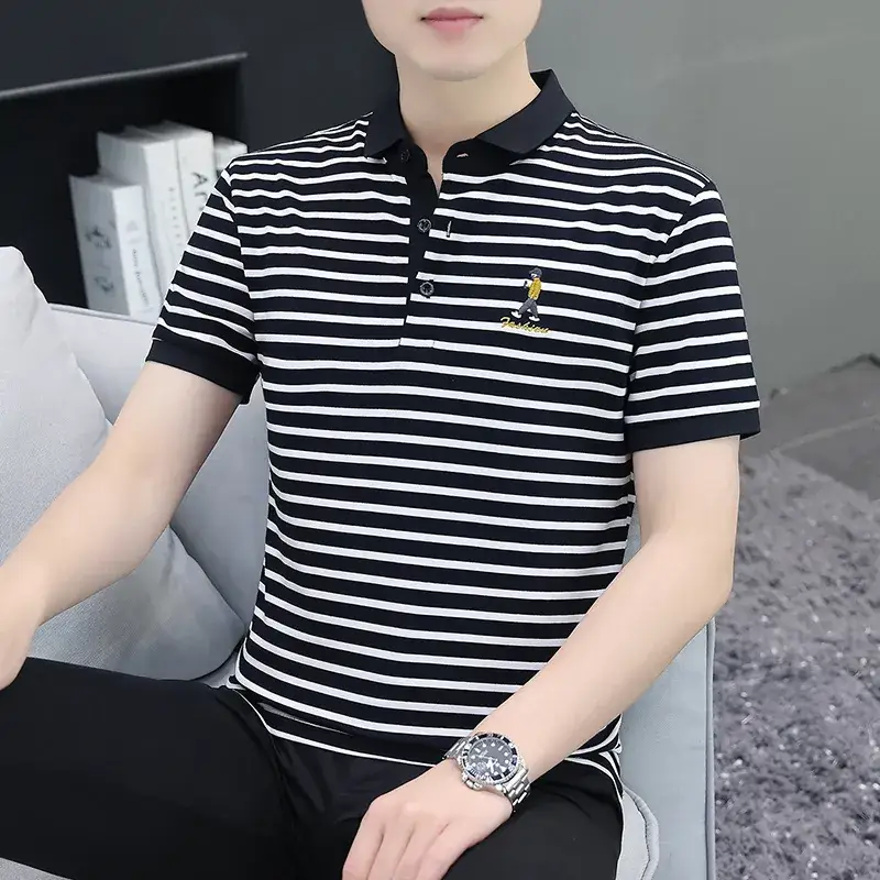 Men Striped Polo T-Shirt White Black Half Sleeve - Image 15