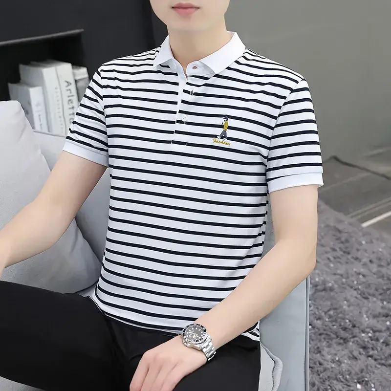 Men Striped Polo T-Shirt White Black Half Sleeve - Image 16