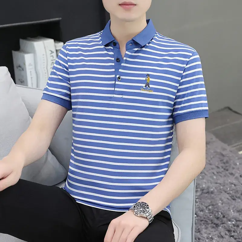 Men Striped Polo T-Shirt White Black Half Sleeve - Image 17