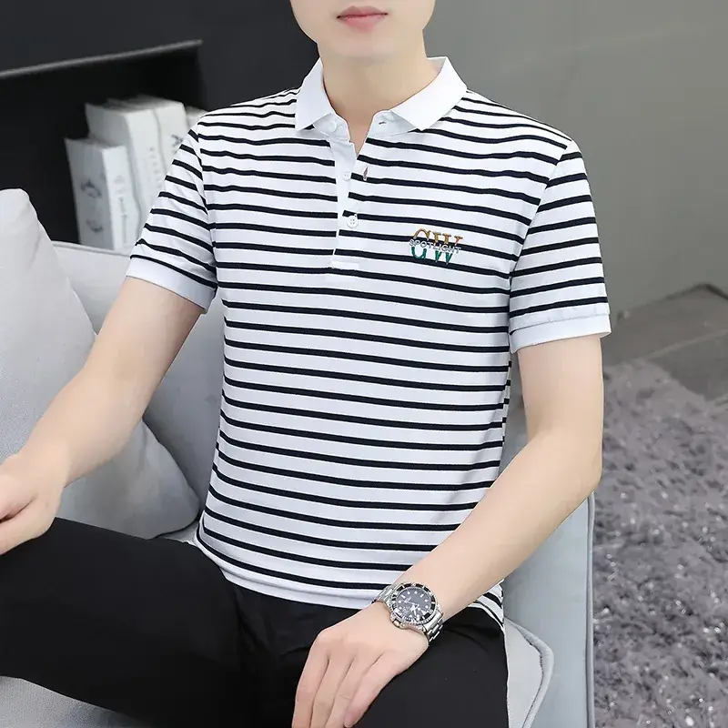 Men Striped Polo T-Shirt White Black Half Sleeve - Image 18