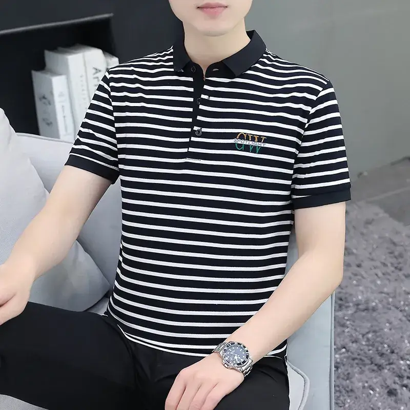 Men Striped Polo T-Shirt White Black Half Sleeve - Image 19