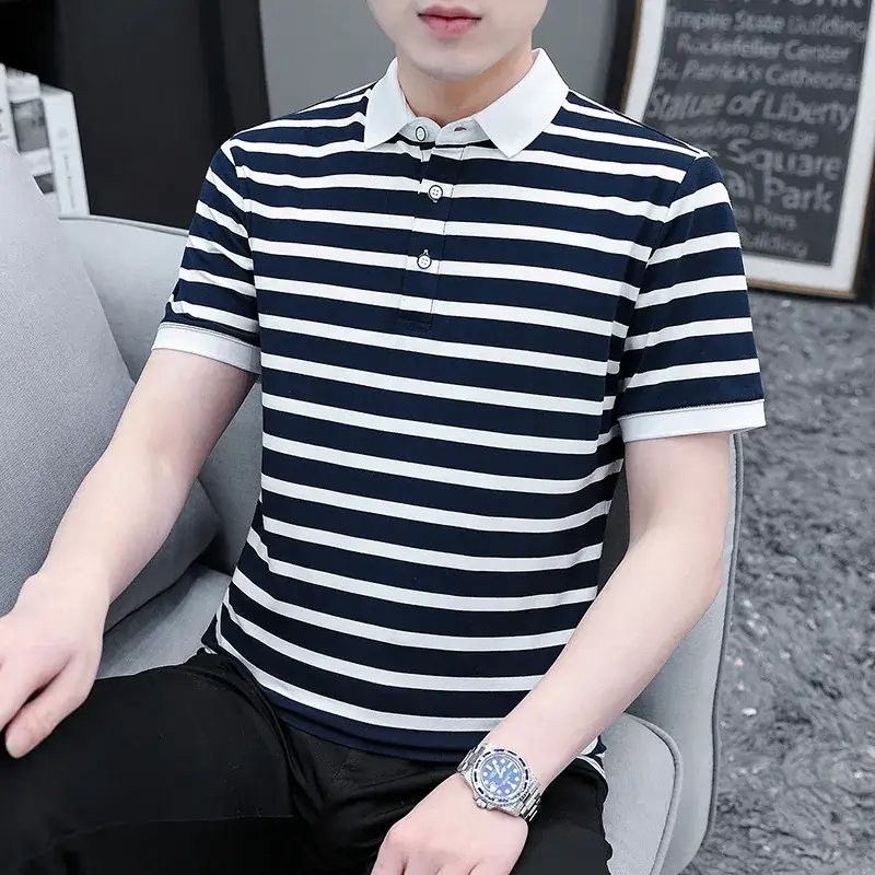 Men Striped Polo T-Shirt White Black Half Sleeve - Image 2