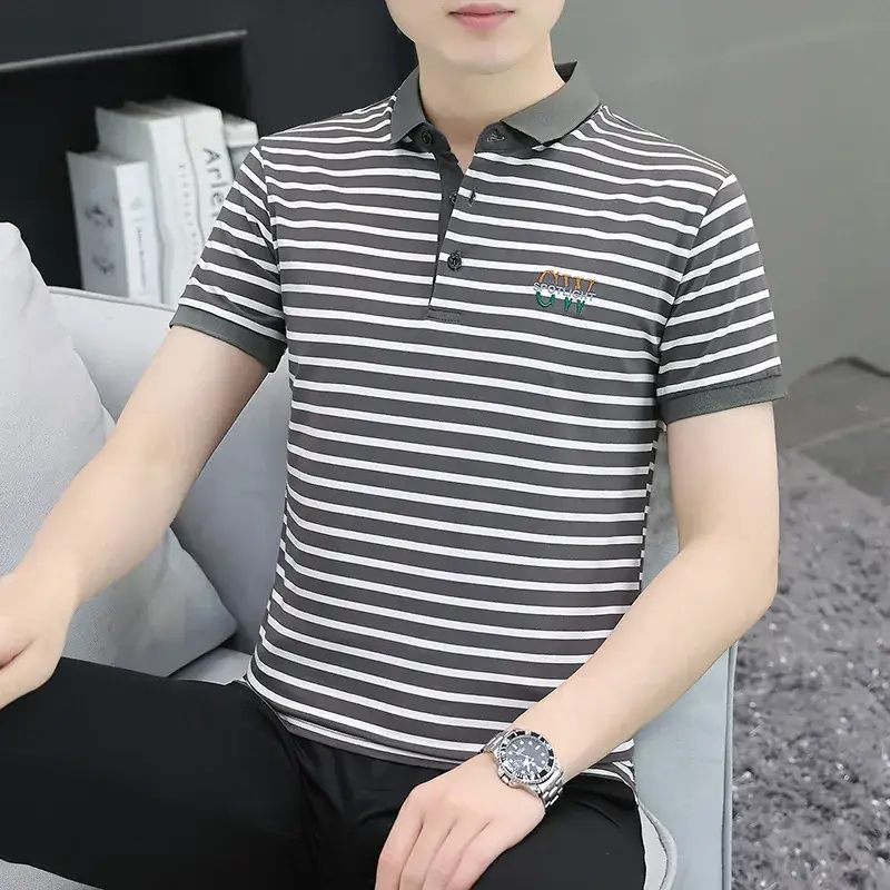 Men Striped Polo T-Shirt White Black Half Sleeve - Image 20