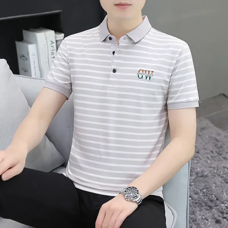 Men Striped Polo T-Shirt White Black Half Sleeve - Image 21