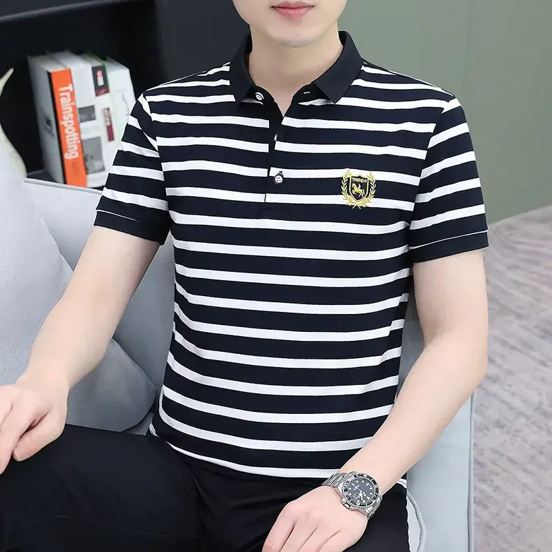 Men Striped Polo T-Shirt White Black Half Sleeve - Image 22