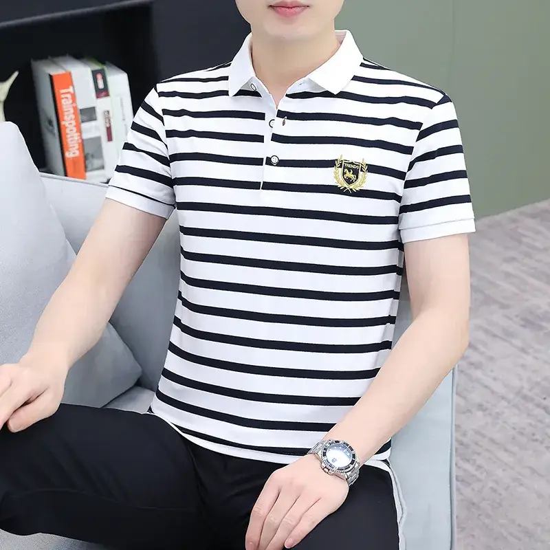Men Striped Polo T-Shirt White Black Half Sleeve - Image 23