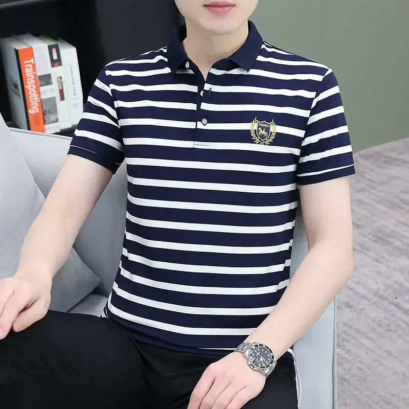 Men Striped Polo T-Shirt White Black Half Sleeve - Image 24