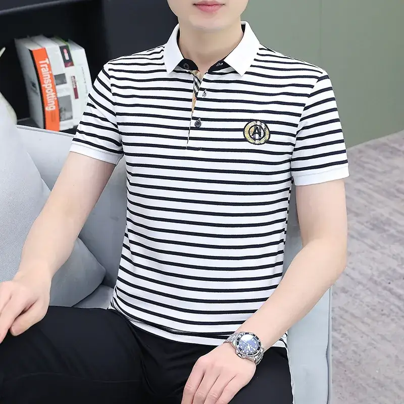 Men Striped Polo T-Shirt White Black Half Sleeve - Image 25