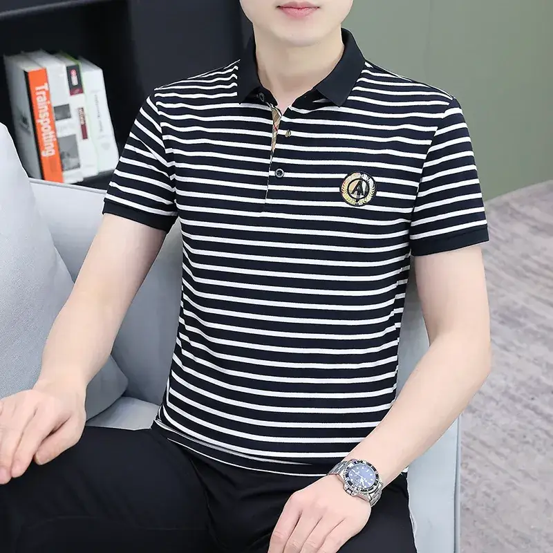 Men Striped Polo T-Shirt White Black Half Sleeve - Image 26