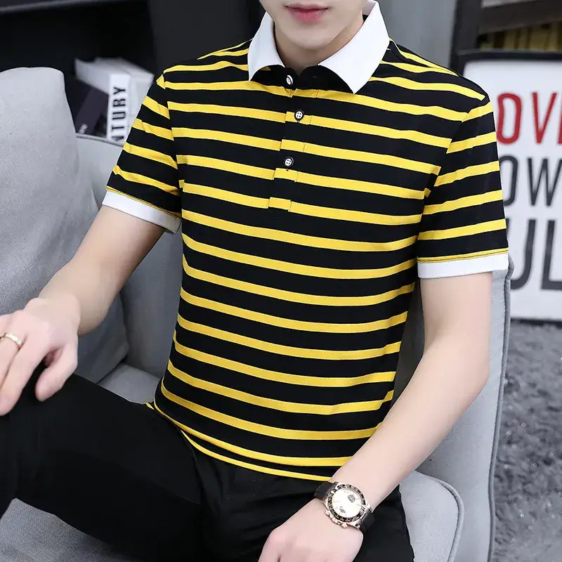 Men Striped Polo T-Shirt White Black Half Sleeve - Image 3