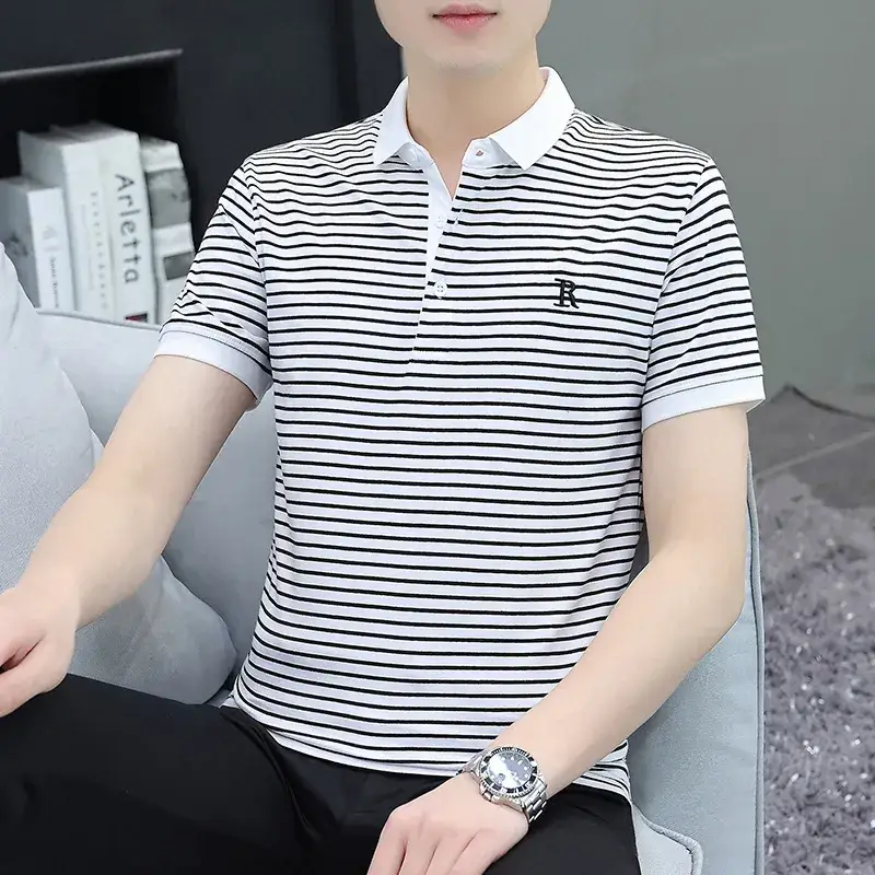 Men Striped Polo T-Shirt White Black Half Sleeve - Image 4