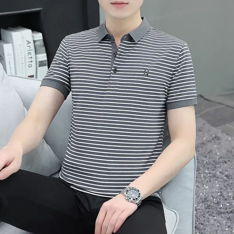 Men Striped Polo T-Shirt White Black Half Sleeve - Image 5