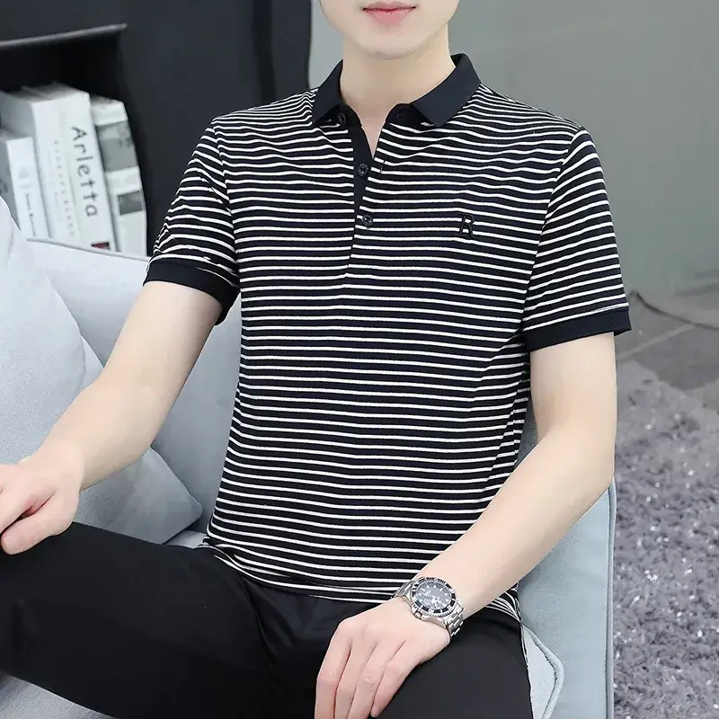 Men Striped Polo T-Shirt White Black Half Sleeve - Image 6