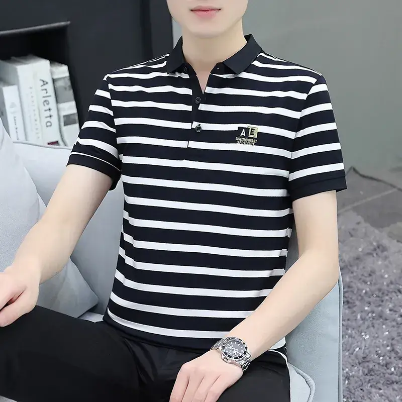 Men Striped Polo T-Shirt White Black Half Sleeve - Image 7