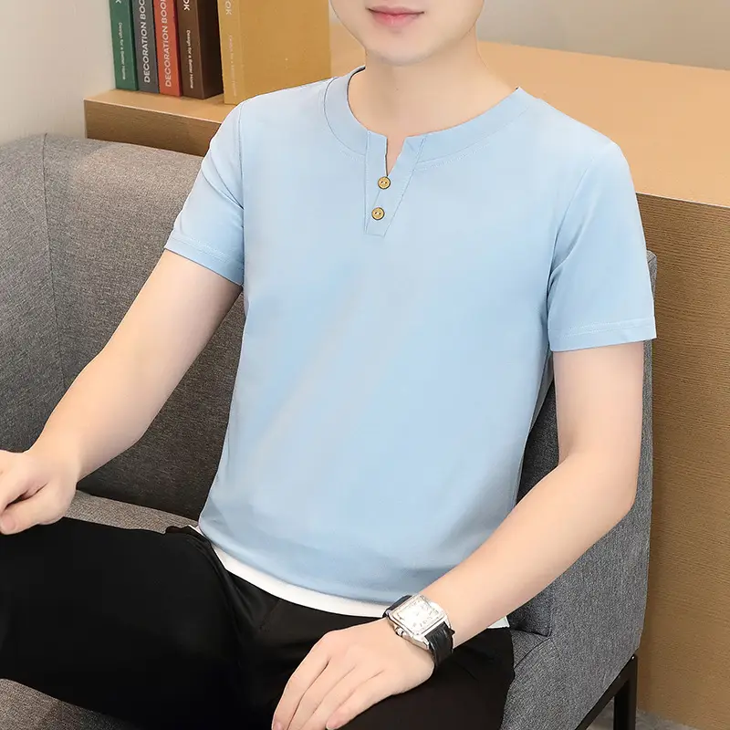 Men V-Neck Short Sleeve T-Shirt Mint Green - Image 16