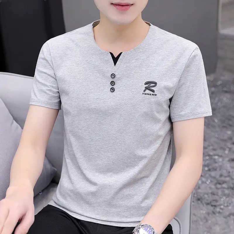 Men V-Neck Short Sleeve T-Shirt Mint Green - Image 3