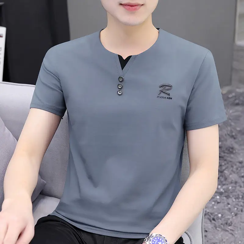 Men V-Neck Short Sleeve T-Shirt Mint Green - Image 4