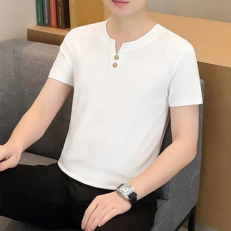 Men V-Neck Short Sleeve T-Shirt Mint Green - Image 7