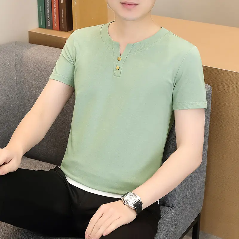 Men V-Neck Short Sleeve T-Shirt Mint Green - Image 8