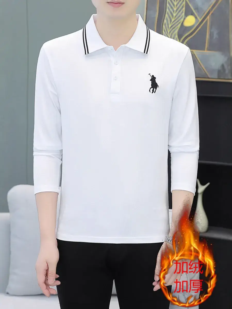 Men Black Thickened Fleece Polo Shirt Long Sleeve - Image 12