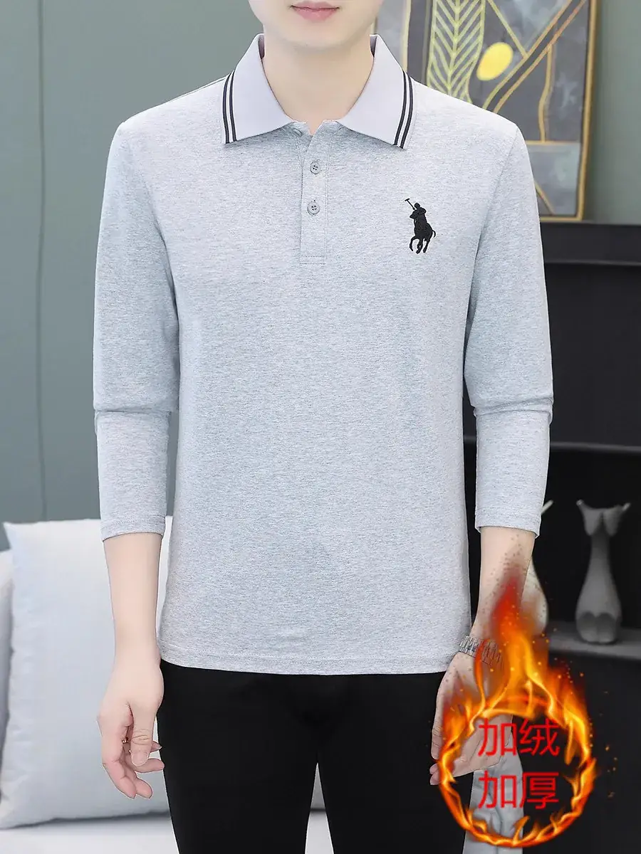 Men Black Thickened Fleece Polo Shirt Long Sleeve - Image 13