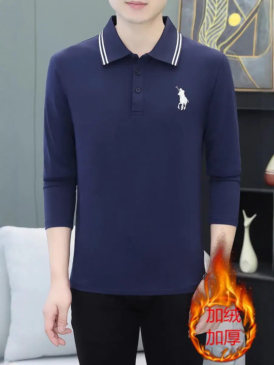 Men Black Thickened Fleece Polo Shirt Long Sleeve - Image 14