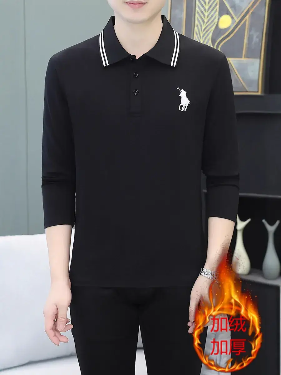 Men Black Thickened Fleece Polo Shirt Long Sleeve - Image 15