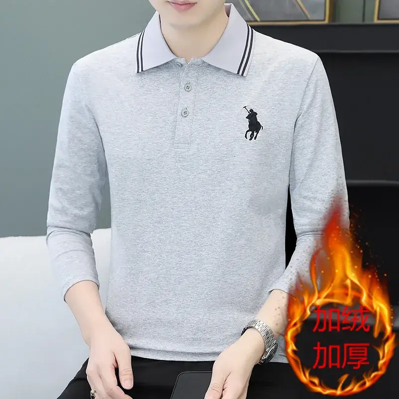 Men Black Thickened Fleece Polo Shirt Long Sleeve - Image 10