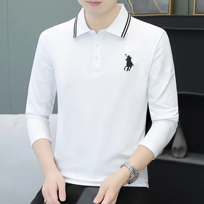 Men Black Thickened Fleece Polo Shirt Long Sleeve - Image 2