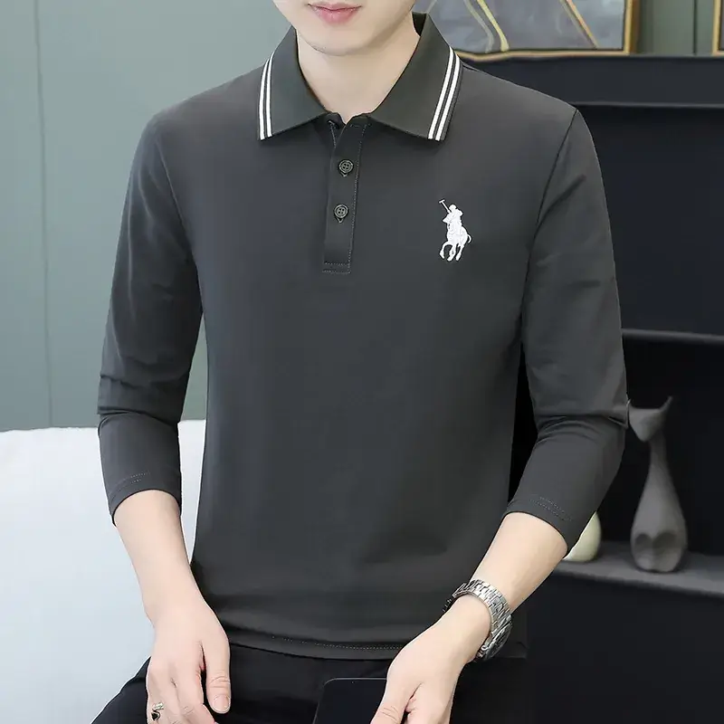 Men Black Thickened Fleece Polo Shirt Long Sleeve - Image 3