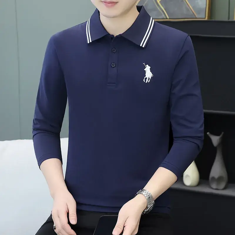 Men Black Thickened Fleece Polo Shirt Long Sleeve - Image 4