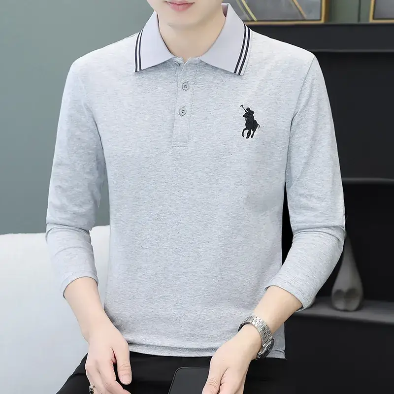 Men Black Thickened Fleece Polo Shirt Long Sleeve - Image 5