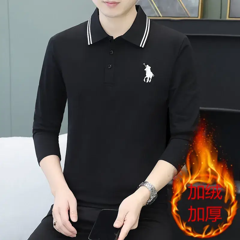 Men Black Thickened Fleece Polo Shirt Long Sleeve - Image 6
