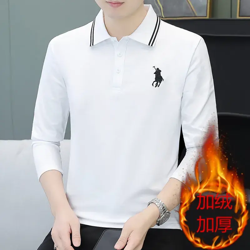Men Black Thickened Fleece Polo Shirt Long Sleeve - Image 7