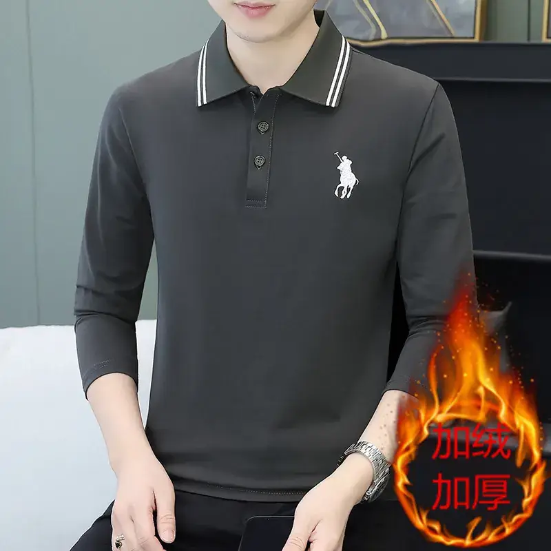 Men Black Thickened Fleece Polo Shirt Long Sleeve - Image 8