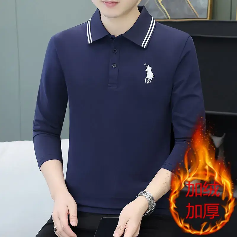 Men Black Thickened Fleece Polo Shirt Long Sleeve - Image 9