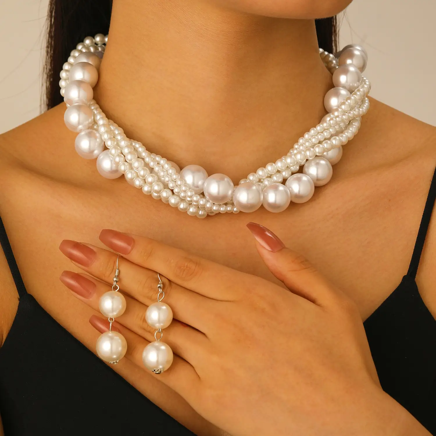 White Pearl Multi Layered Necklace with Earrings Set for Women - Image 7