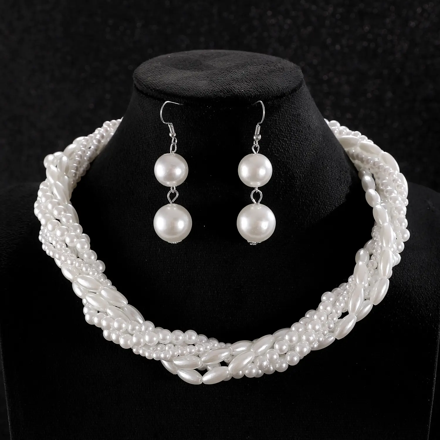 White Pearl Multi Layered Necklace with Earrings Set for Women - Image 5