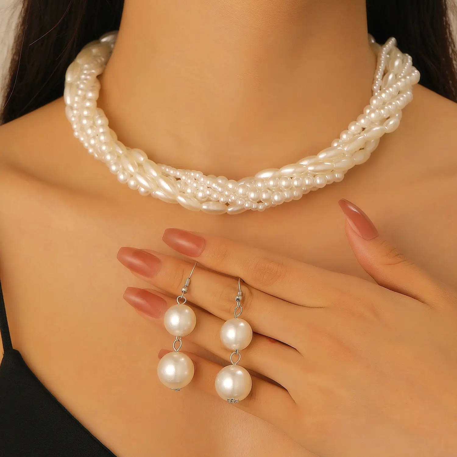 White Pearl Multi Layered Necklace with Earrings Set for Women - Image 8