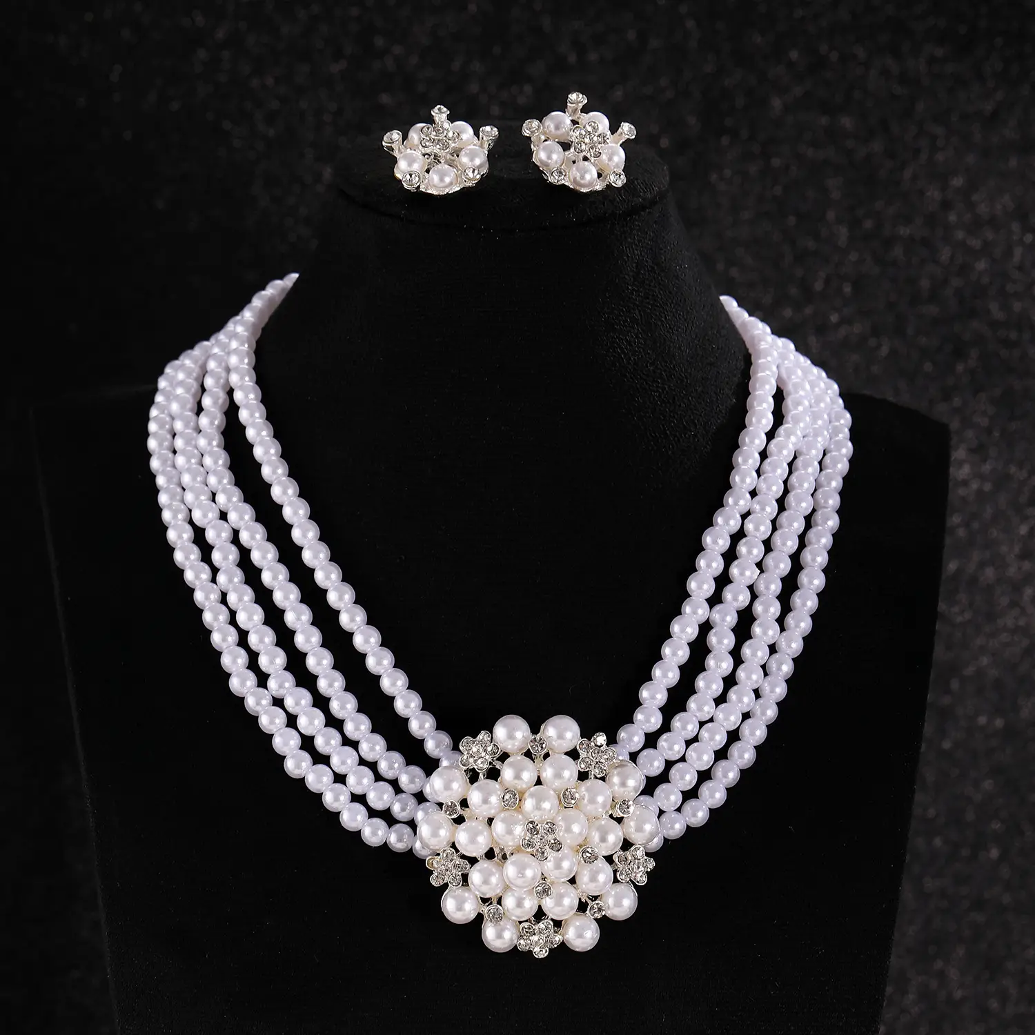 White Pearl Multi Layered Necklace with Earrings Set for Women - Image 4