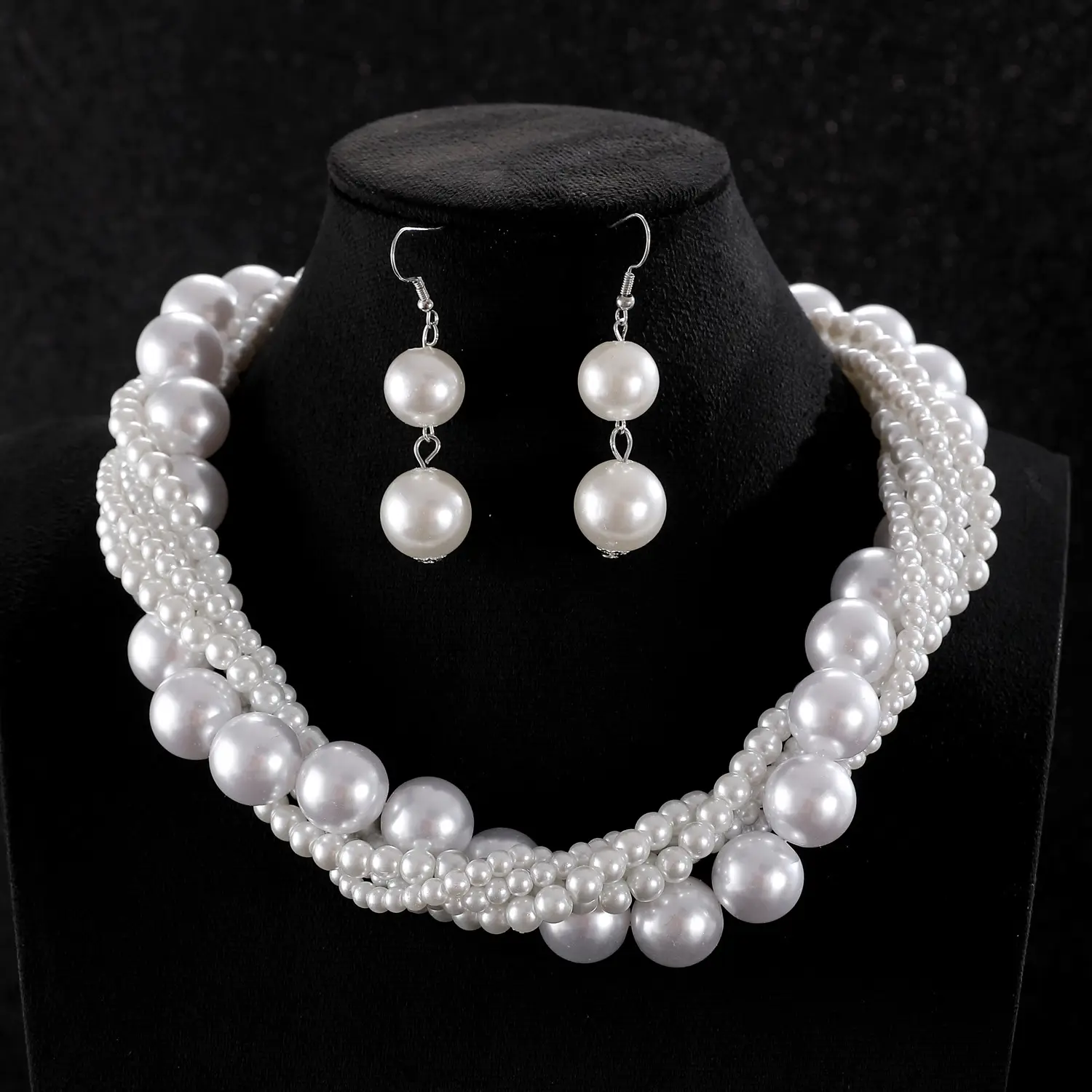 White Pearl Multi Layered Necklace with Earrings Set for Women - Image 6