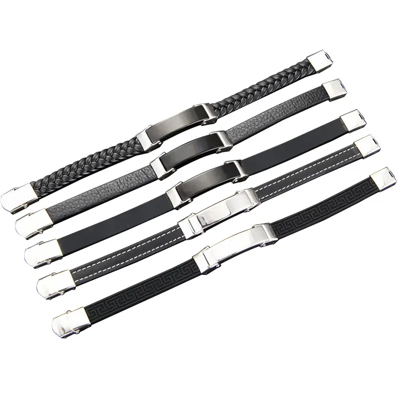 Black Titanium Steel Braided Leather Bracelet Set - Image 17